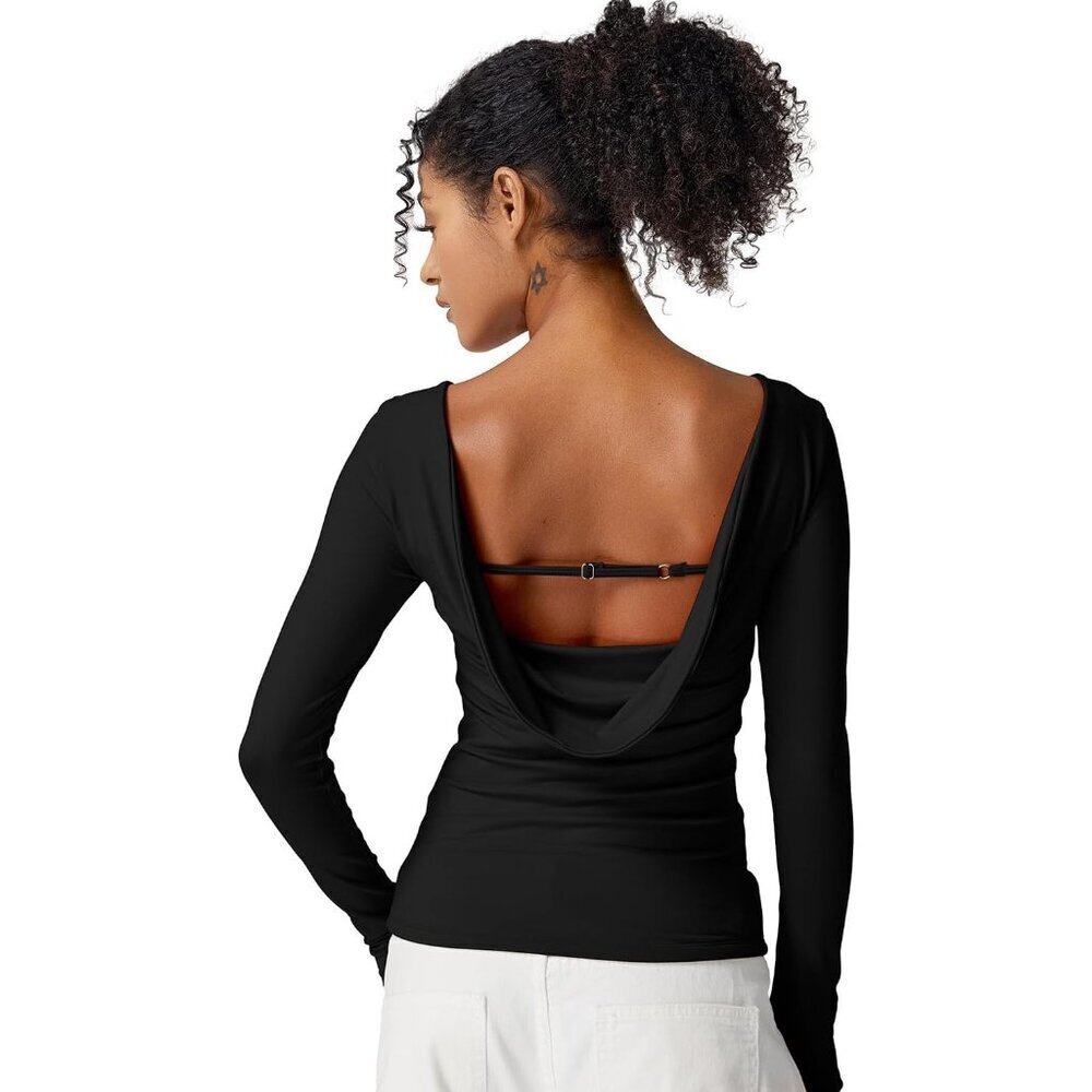 Women's Long Sleeve Shirt Black Large Fitted Stretchy Double-Lined Casual Top